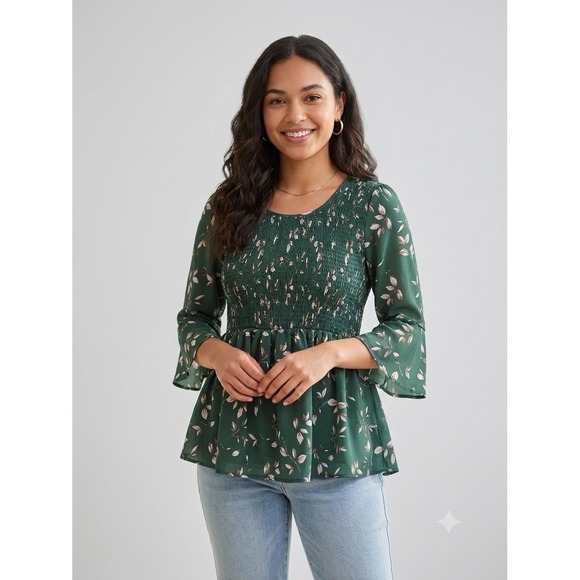 BloomChic Tops - BloomChic Womens Dark Green Smocked Peplum Top  3/4 Bell Sleeves Workwear 16